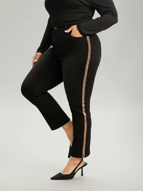 Sequin Patchwork Black Wash Straight Leg Jeans sold by Bloomchic