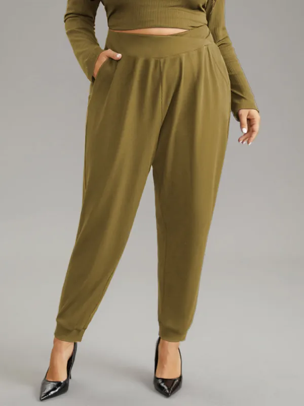 Crossover Plain Texture High Rise Pants sold by Bloomchic