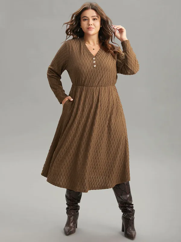 Plain Texture Jacquard Button Detail Pocket Dress sold by Bloomchic