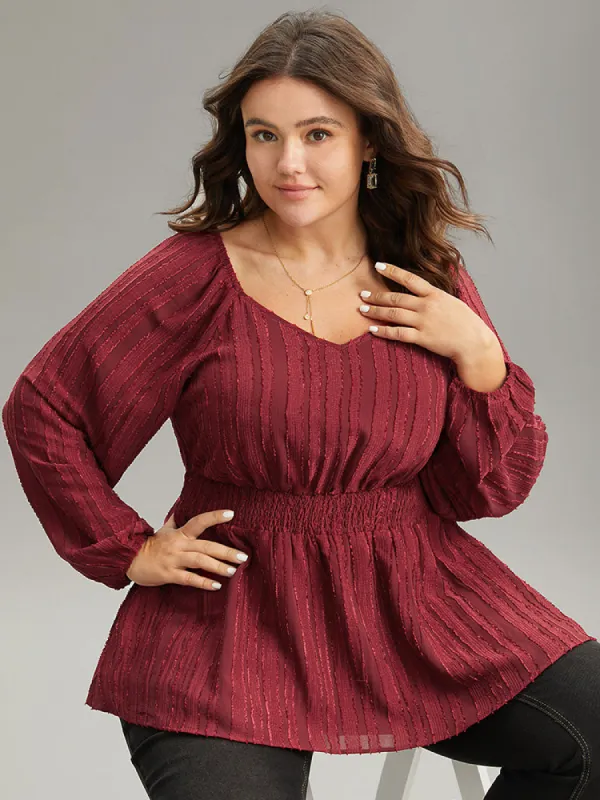 Plain Textured Shirred Lantern Sleeve Gathered Blouse sold by Bloomchic