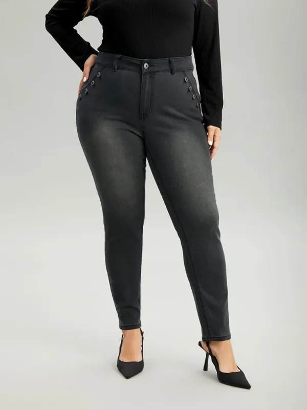Black Wash Button Detail Skinny Jeans sold by Bloomchic