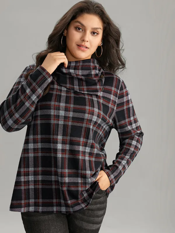 Plaid Funnel Neck Button Detail T-shirt sold by Bloomchic
