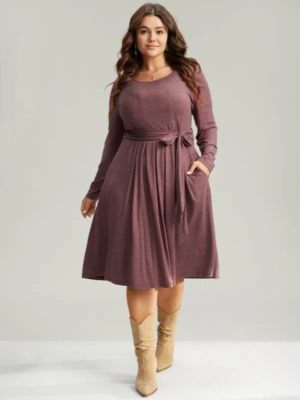 Plain Pleated Hem Belted Long Sleeve Dress sold by Bloomchic