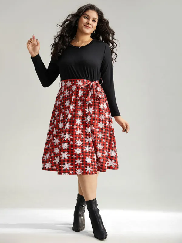 Snowflake Print Belted Long Sleeve Dress sold by Bloomchic
