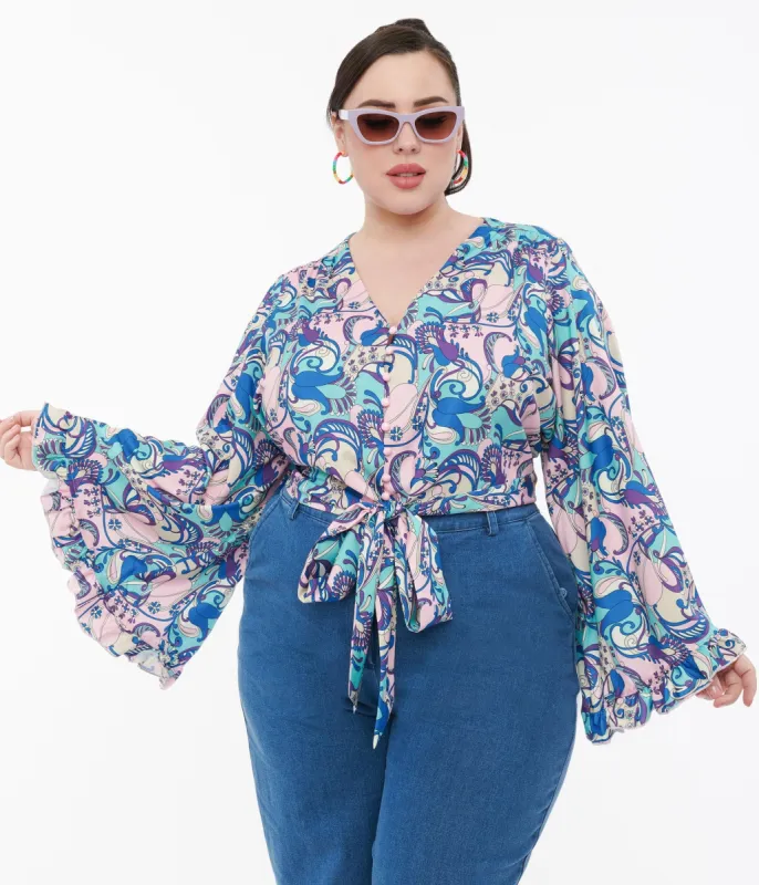 Smak Parlour Plus Size Blue & Purple Psychedelic Floral Belva Crop Blouse sold by Unique Vintage