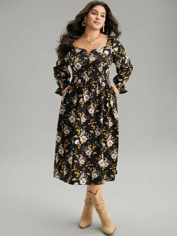 Floral Print Notched Frill Trim Gathered Shirred Dress sold by Bloomchic