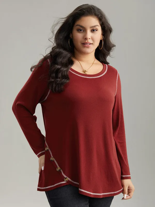 Contrast Trim Stitch Button Detail T-shirt sold by Bloomchic