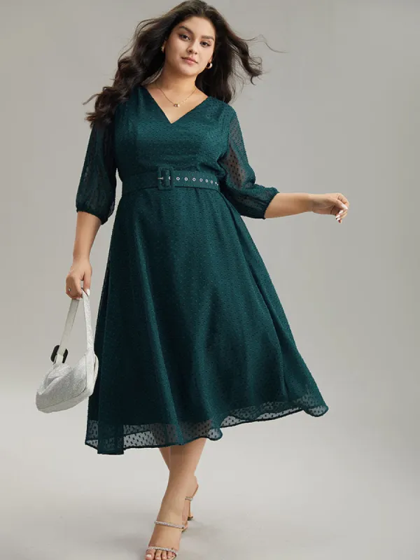 Solid Texture Pocket Belted Mesh Patchwork Dress sold by Bloomchic