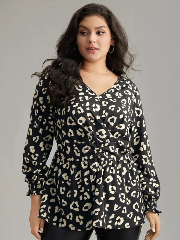 Leopard Print Crossover Ruched Shirred Blouse sold by Bloomchic
