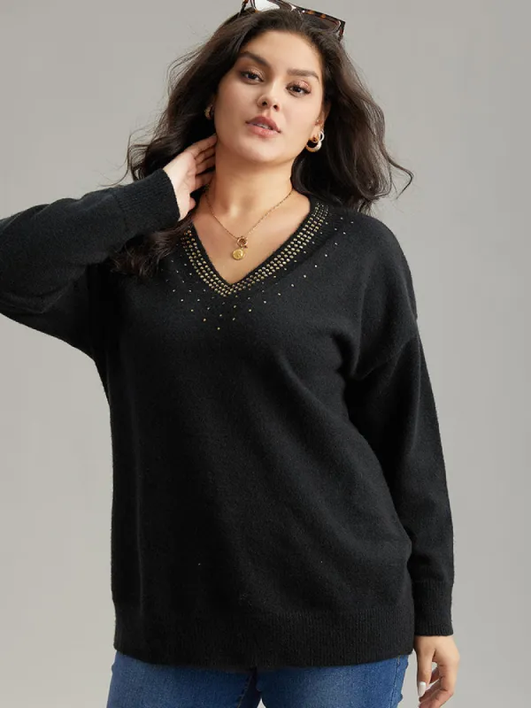 Anti-Pilling Rhinestone Drop Shoulder Pullover sold by Bloomchic