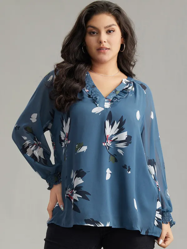 Floral Print Shirred Ruffles Mesh Blouse sold by Bloomchic