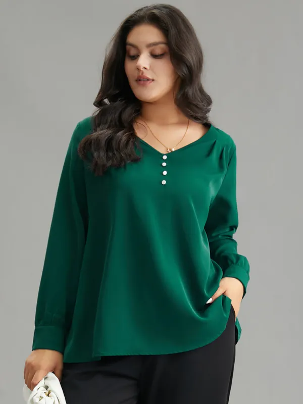 Static-Free Button Detail Pleated Blouse sold by Bloomchic