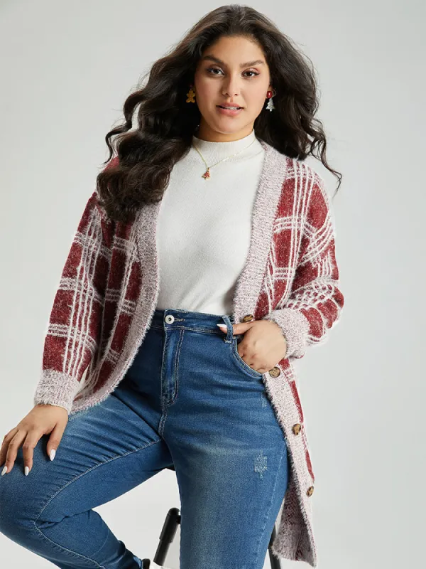 Plaid Fuzzy Heather Button Fly Tunic Cardigan sold by Bloomchic
