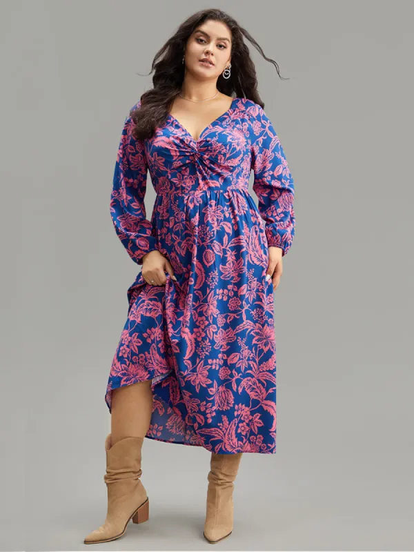 Floral Twist Front Pocket Lantern Sleeve Dress sold by Bloomchic