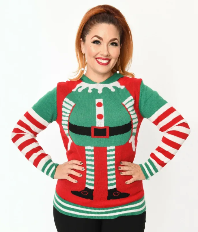 Red & Green Elf Hooded Holiday Sweater sold by Unique Vintage
