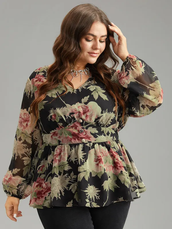 Floral Flutter Hem Elastic Waist Blouse sold by Bloomchic