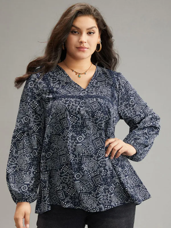 Bandana Lace Insert Lantern Sleeve Blouse sold by Bloomchic