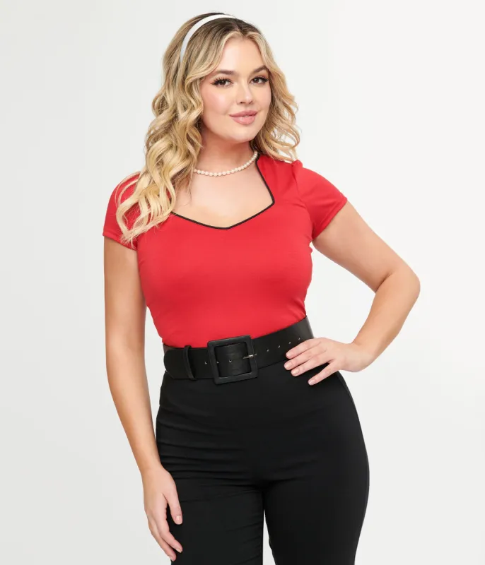 Steady 1950s Red & Black Piped Sophia Top sold by Unique Vintage
