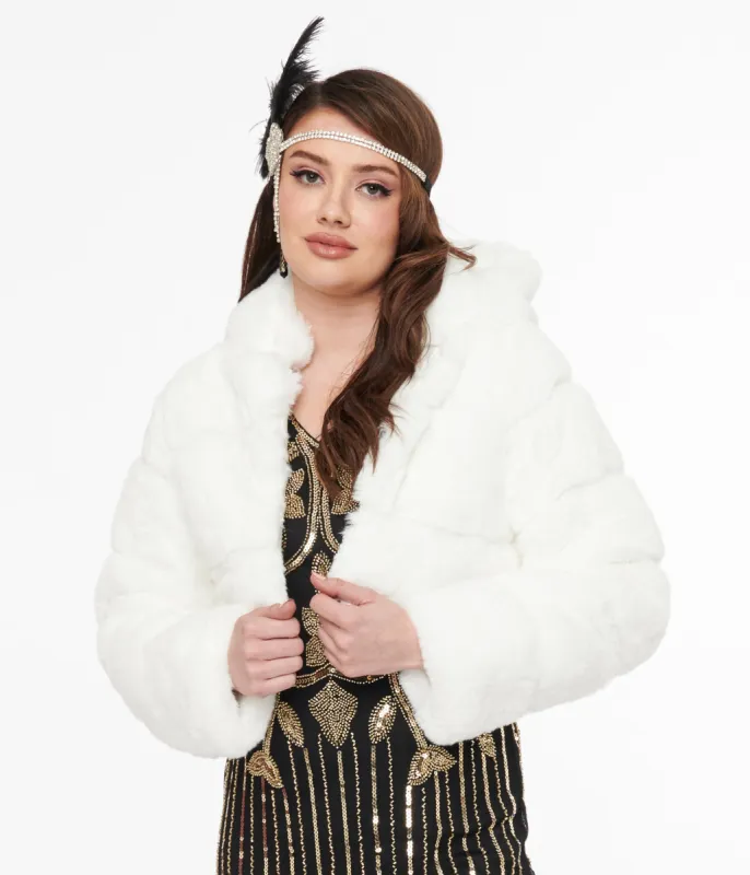 White Faux Fur Puffer Crop Jacket sold by Unique Vintage