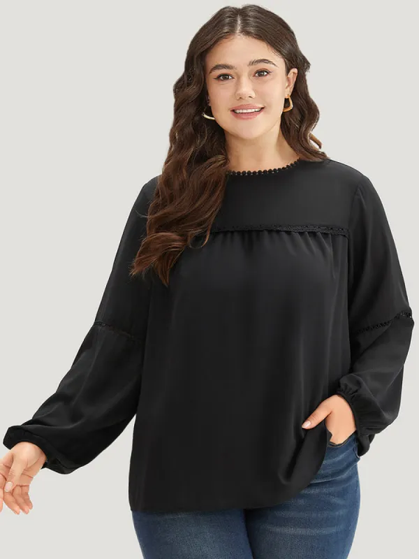 Anti-Wrinkle Pompom Trim Guipure Lace Keyhole Blouse sold by Bloomchic