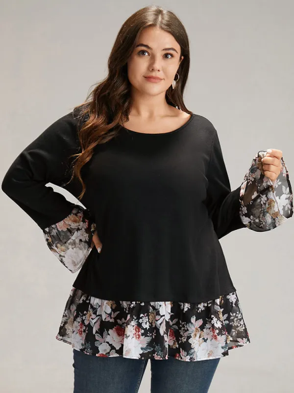 Floral Patchwork Round Neck Bell Sleeve T-shirt sold by Bloomchic