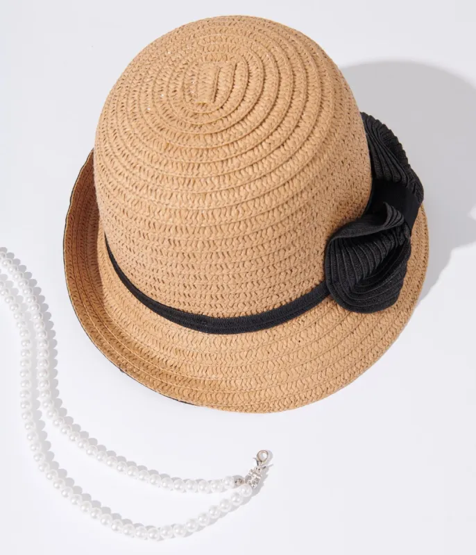 1920s Tan & Black Ribbon Woven Cloche Hat sold by Unique Vintage
