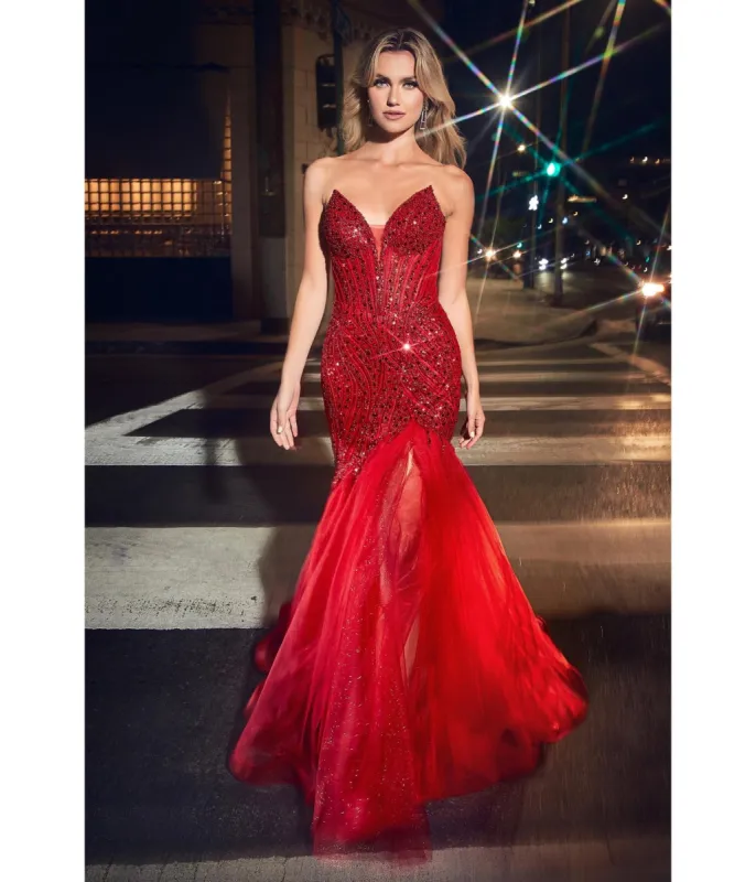 Cinderella Divine  Red Beaded Sequin Strapless Mermaid Prom Dress sold by Unique Vintage