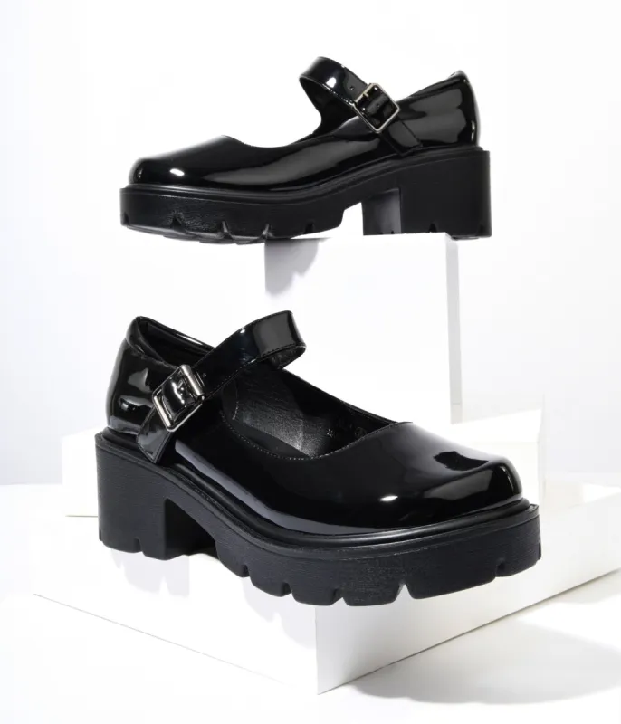 Rylee Black Patent Leatherette Chunky Platform Mary Jane Heels sold by Unique Vintage