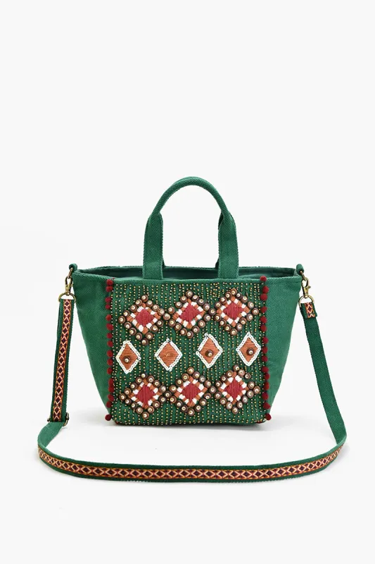 Embellished Tote Mini with Adjustable Strap Green Geo sold by America & Beyond