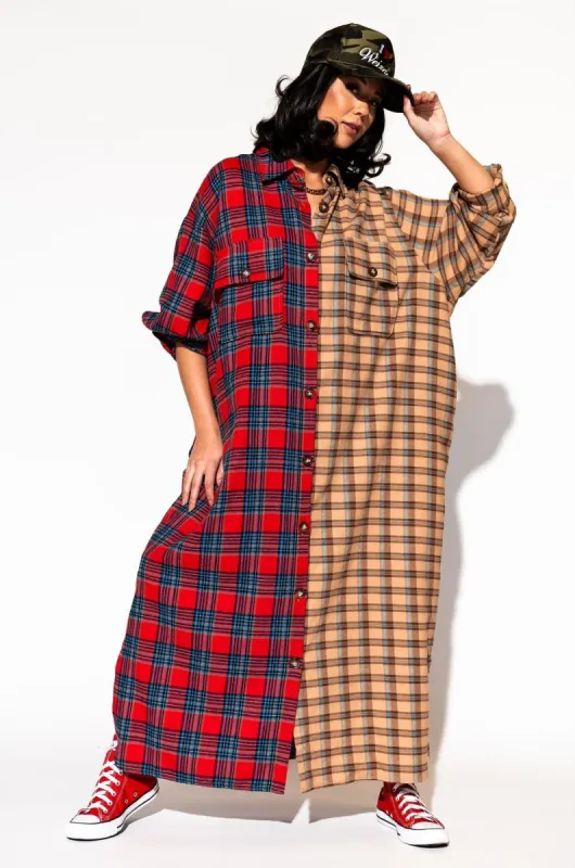 Grunge Goddess Flannel Dress/Duster in Red + Tan sold by Dressed In Lala