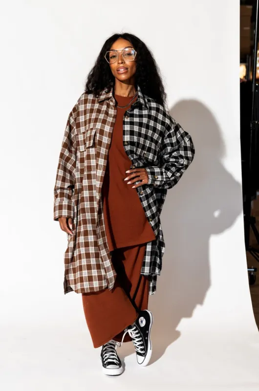 Zuri Oversized Grunge Flannel in Half + Half Mocha and Black sold by Dressed In Lala
