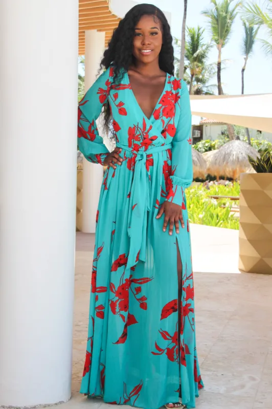 Hawaiian Islands Long Sleeve Maxi Dress: Aqua/Red sold by Bella and Bloom