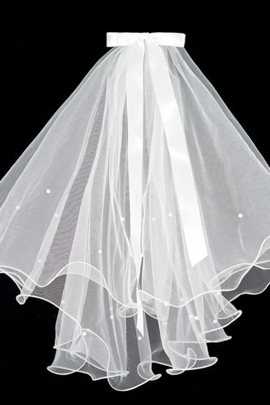 Two-tier Pencil Edge Tulle Shoulder Veils with Bow Pearls CV0381 sold by Cocomelody