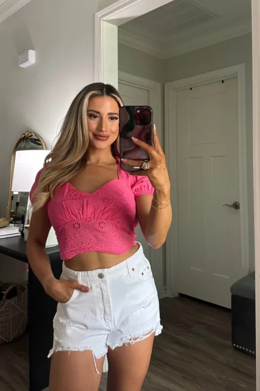Summer Crush Eyelet Crop Top: Pink sold by Bella and Bloom