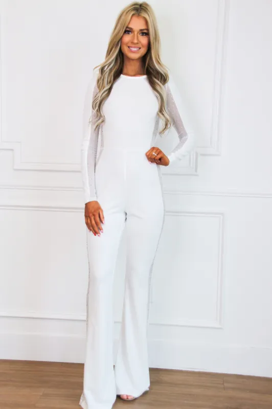 Starlight Embellished Long Sleeve Jumpsuit: White sold by Bella and Bloom