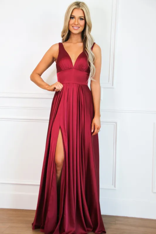 Remi Satin V-Neck Slit Formal Dress: Burgundy sold by Bella and Bloom