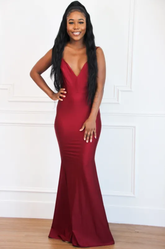 Right Into Your Love Backless Maxi Dress: Burgundy sold by Bella and Bloom