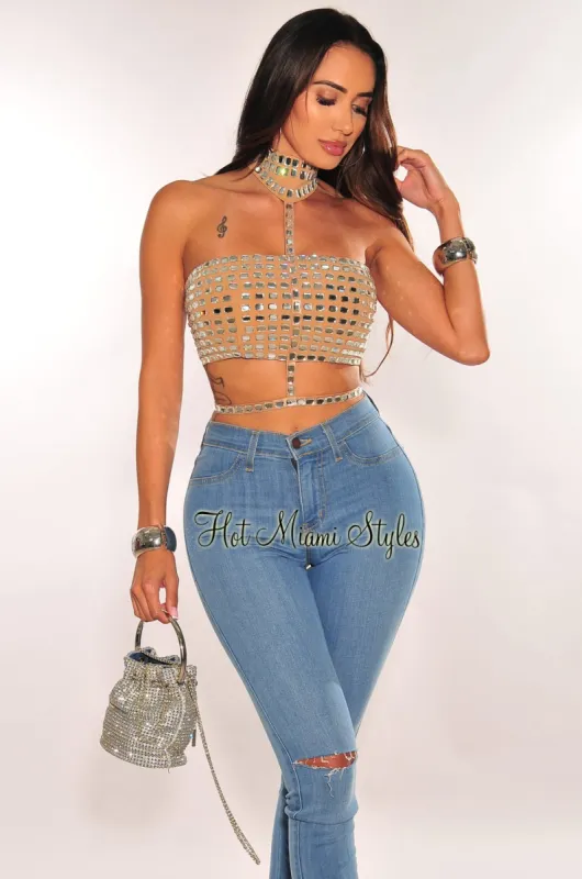 Nude Rhinestone Halter Strappy Crop Top sold by Hot Miami Styles