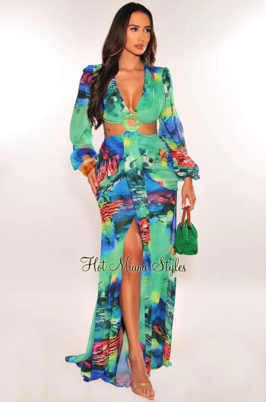 Green Multi Color Long Sleeve Cut Out Rhinestone O Ring Ruched Drape Slit Maxi Dress sold by Hot Miami Styles