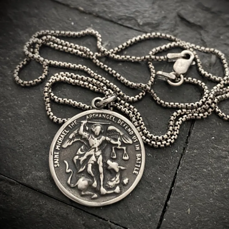 Men's Sterling Silver Archangel St. Michael Necklace, Oxidized Silver Unisex Jewelry, 20 or 24 Inch Chain, SS-014 sold by Vintage Gentlemen