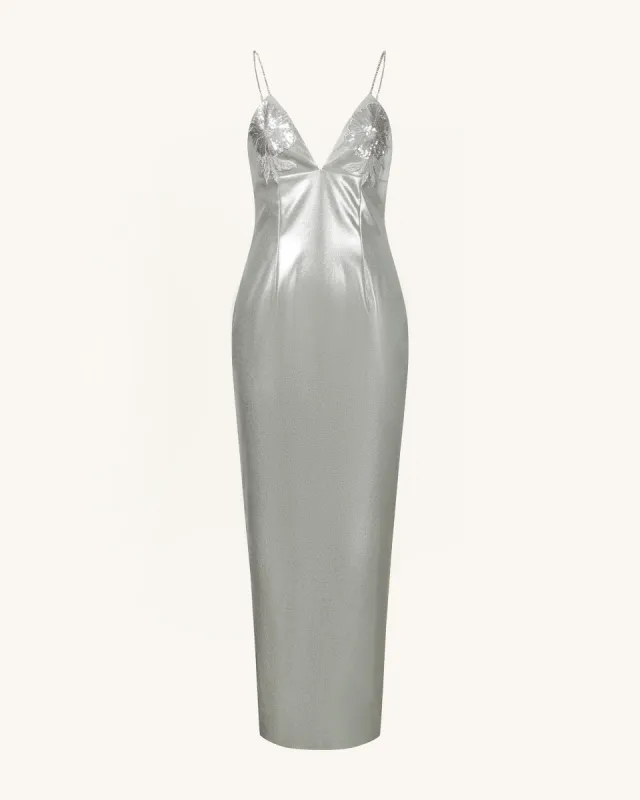 Ayliua Sweetheart-Neckline Rhinestones Embellished Silver Long Dress - Silver sold by JW PEI