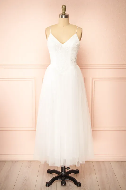 Tallina | White Tulle Midi Dress w/ Floral Embroidery sold by Boutique 1861