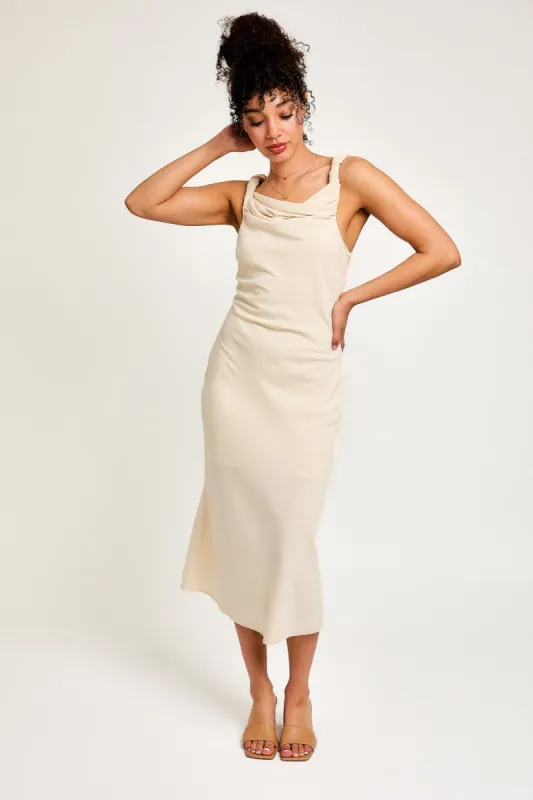 Cream Twist Detail U-Neck Midi Dress sold by Pinkblush