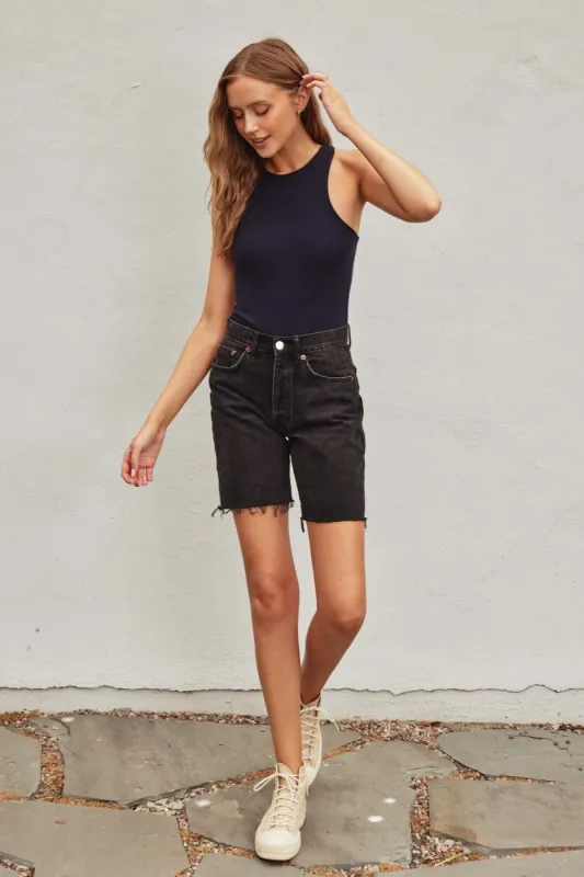 Indigo High-Neck Tank Bodysuit sold by Pinkblush