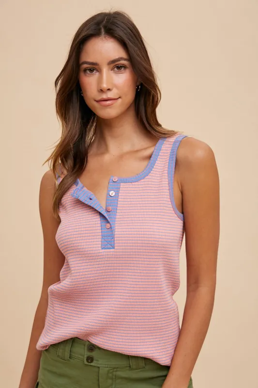 Light Mauve Combo Contrast Striped Rib Henely Tank Top sold by Pinkblush