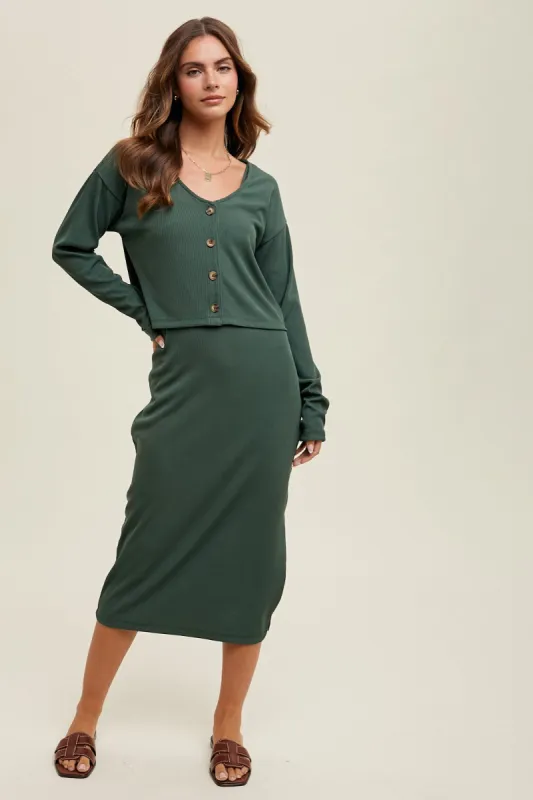 Green Ribbed Knit Cardigan And Dress Set sold by Pinkblush