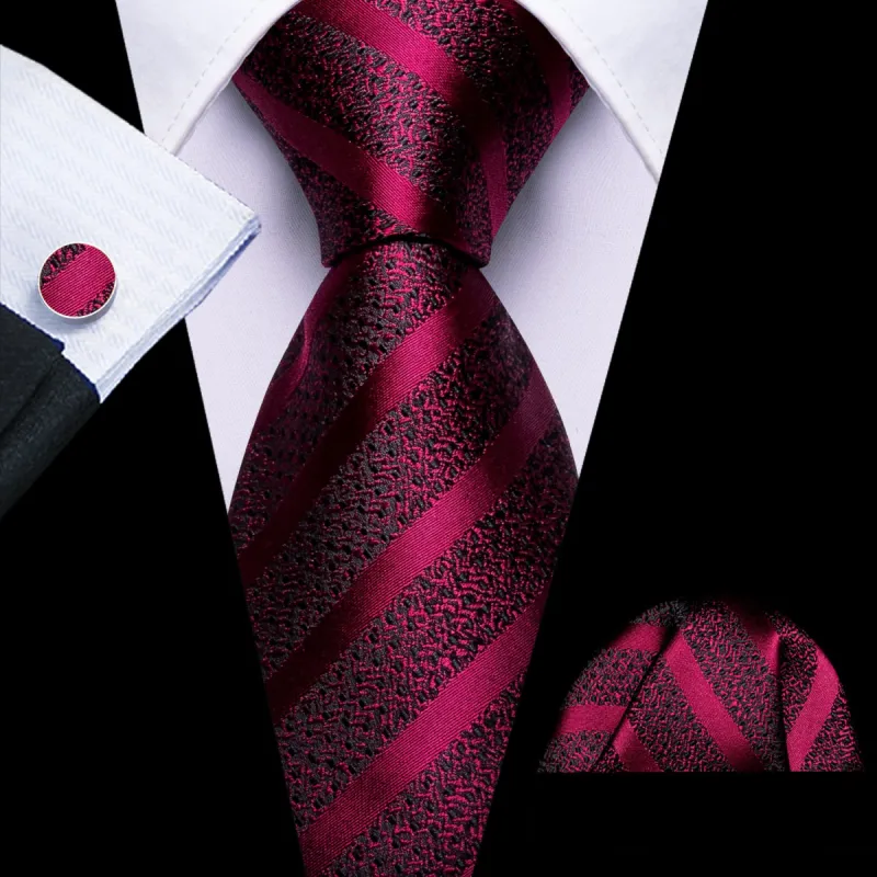 Barry. Wang Burgundy Tie Black Red Pattern Mens Tie Hanky Cufflinks Set sold by Barrywang