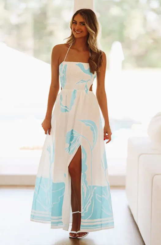 Life on Vacay Maxi Dress - White and Aqua sold by Hazel & Olive