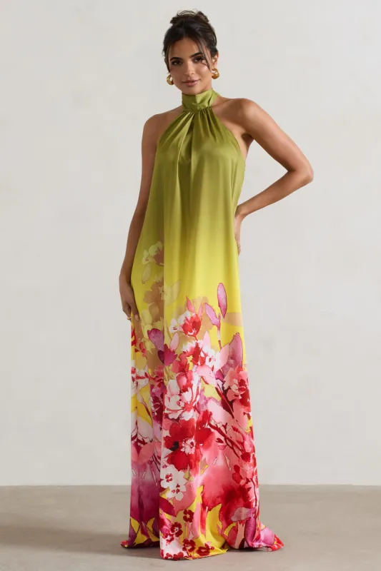 Gloriana | Pink and Green Floral Print Satin High-Neck Maxi Dress sold by Club L London