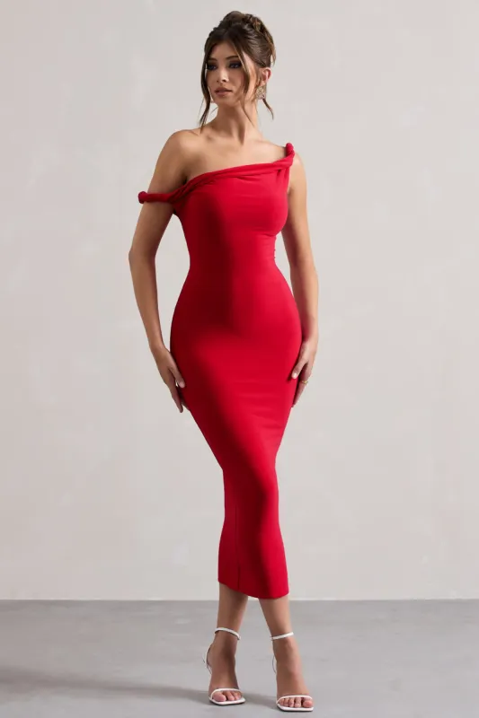 Salome | Red Twisted Asymmetric Midi Dress sold by Club L London